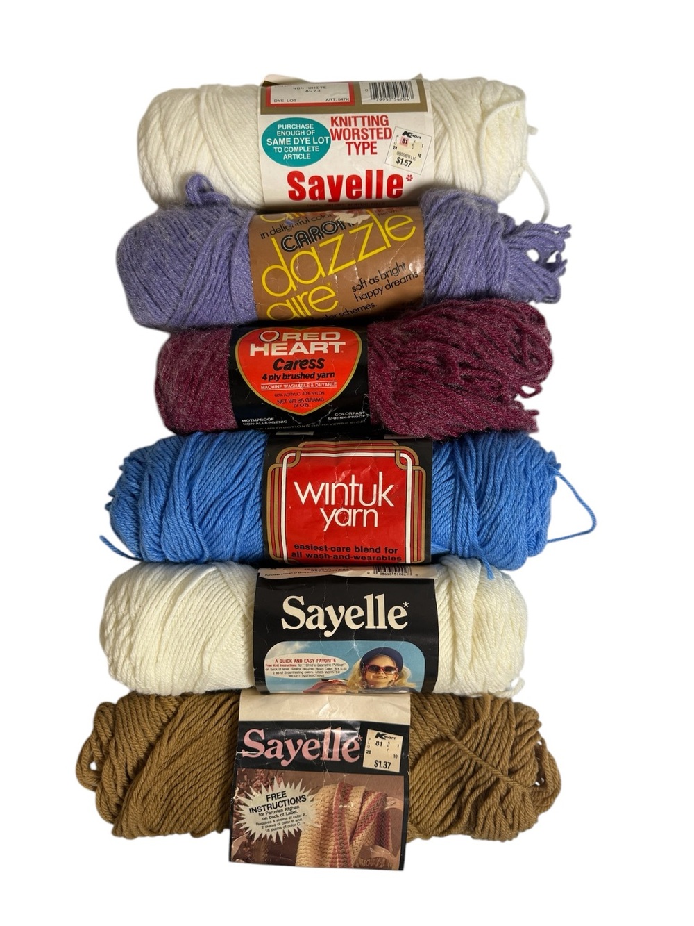Vintage Mixed Yarn Lot of 6 - Cream, Lavender, Burgundy, Blue, Brown